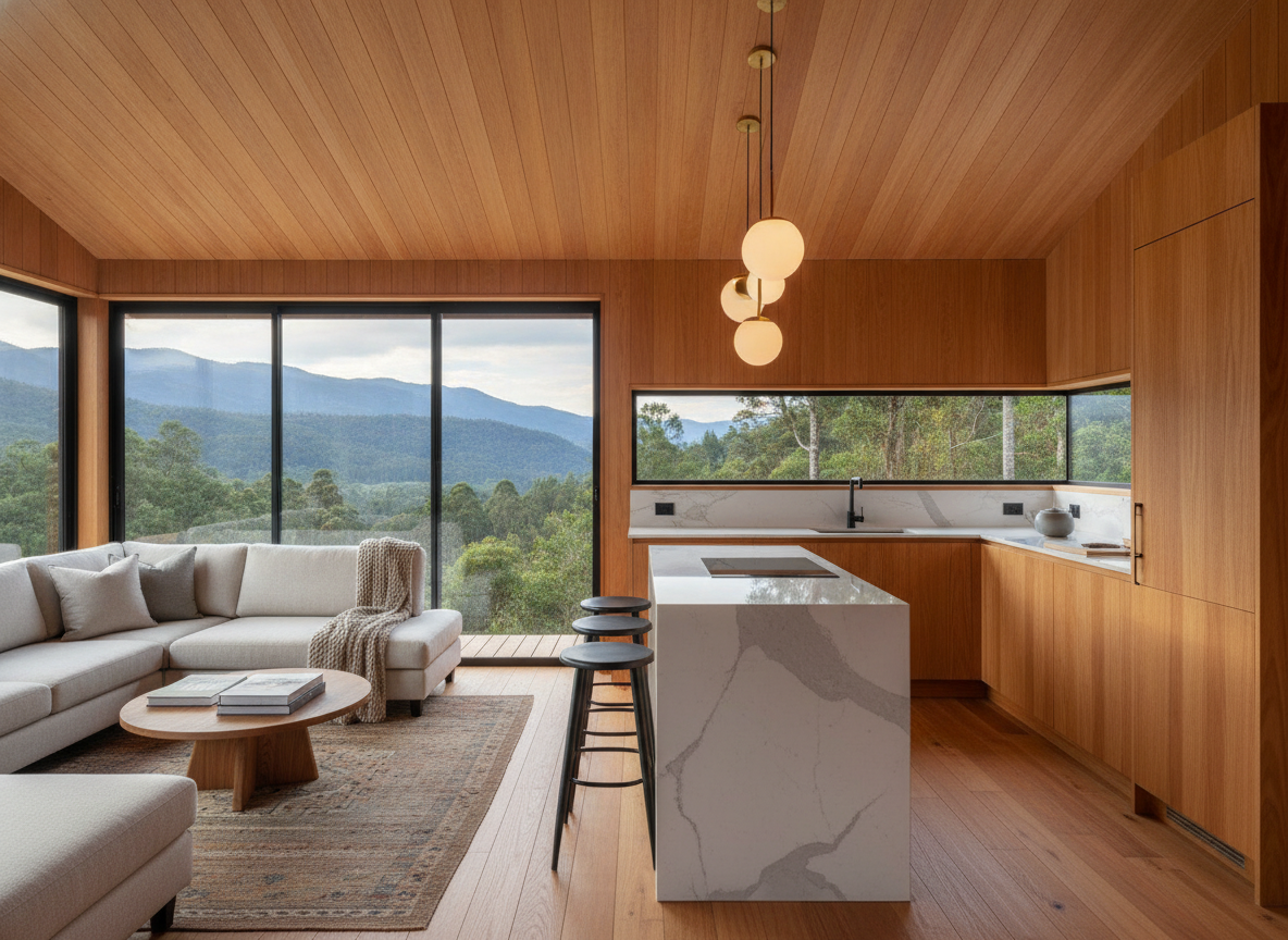 Cozinha integrada da cabana, com bancada de madeira, cooktop e forno