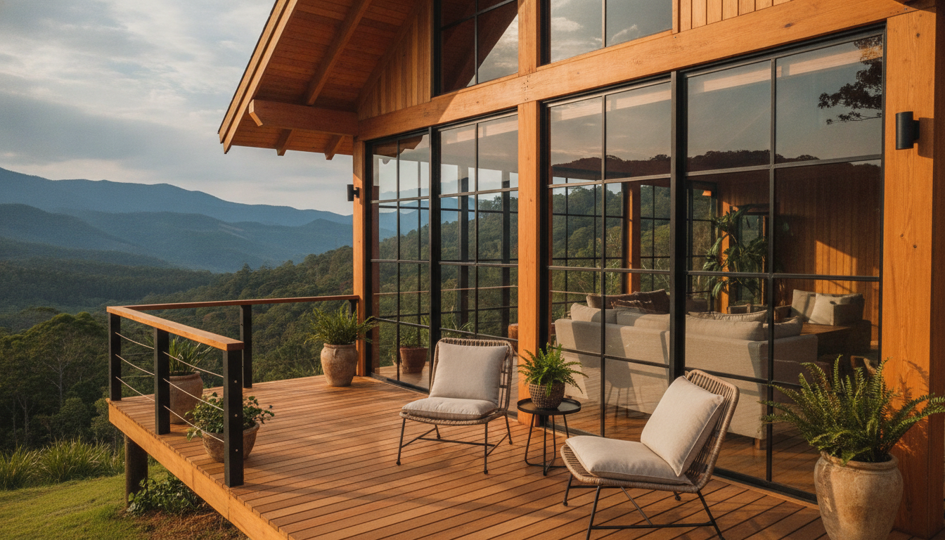 Deck da cabana com espreguiçadeiras e vista aberta para o vale