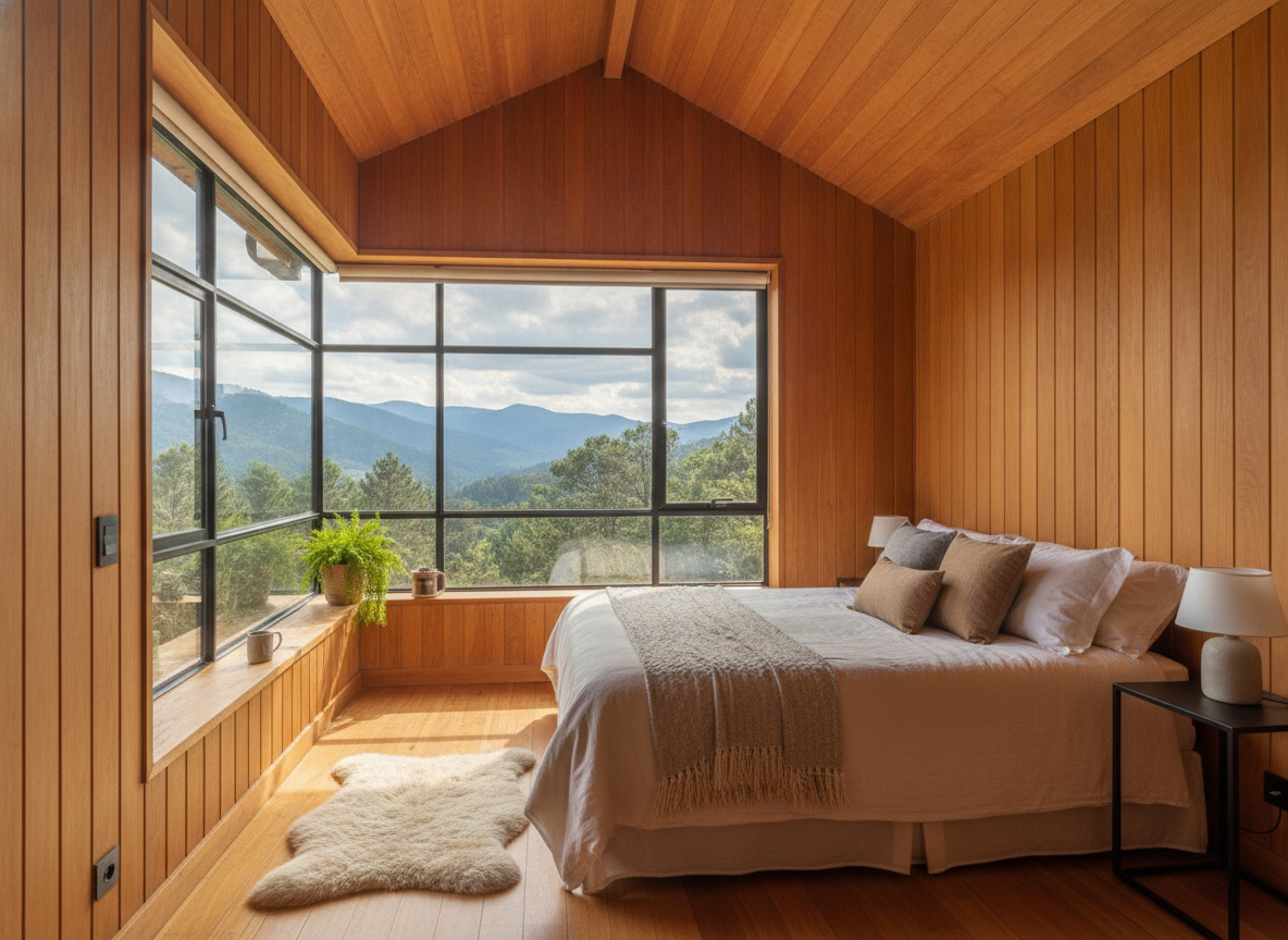 Quarto com cama de casal e janelas para a serra